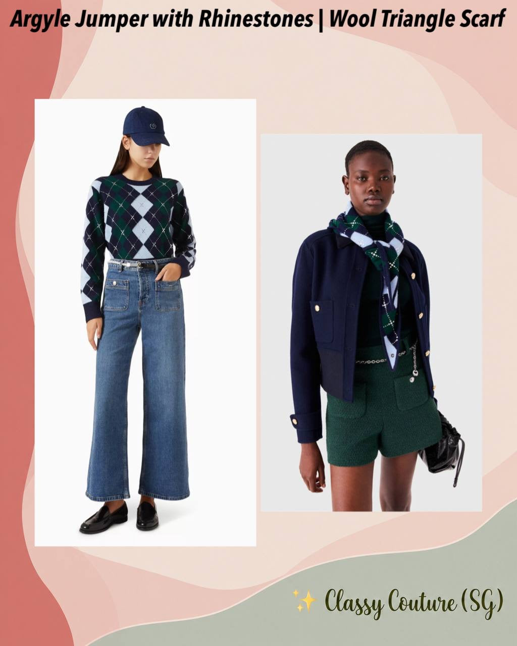 Argyle Diamond Jumper Sweater with Rhinestones & Wool Triangle Scarf | Green/Blue/Navy Set