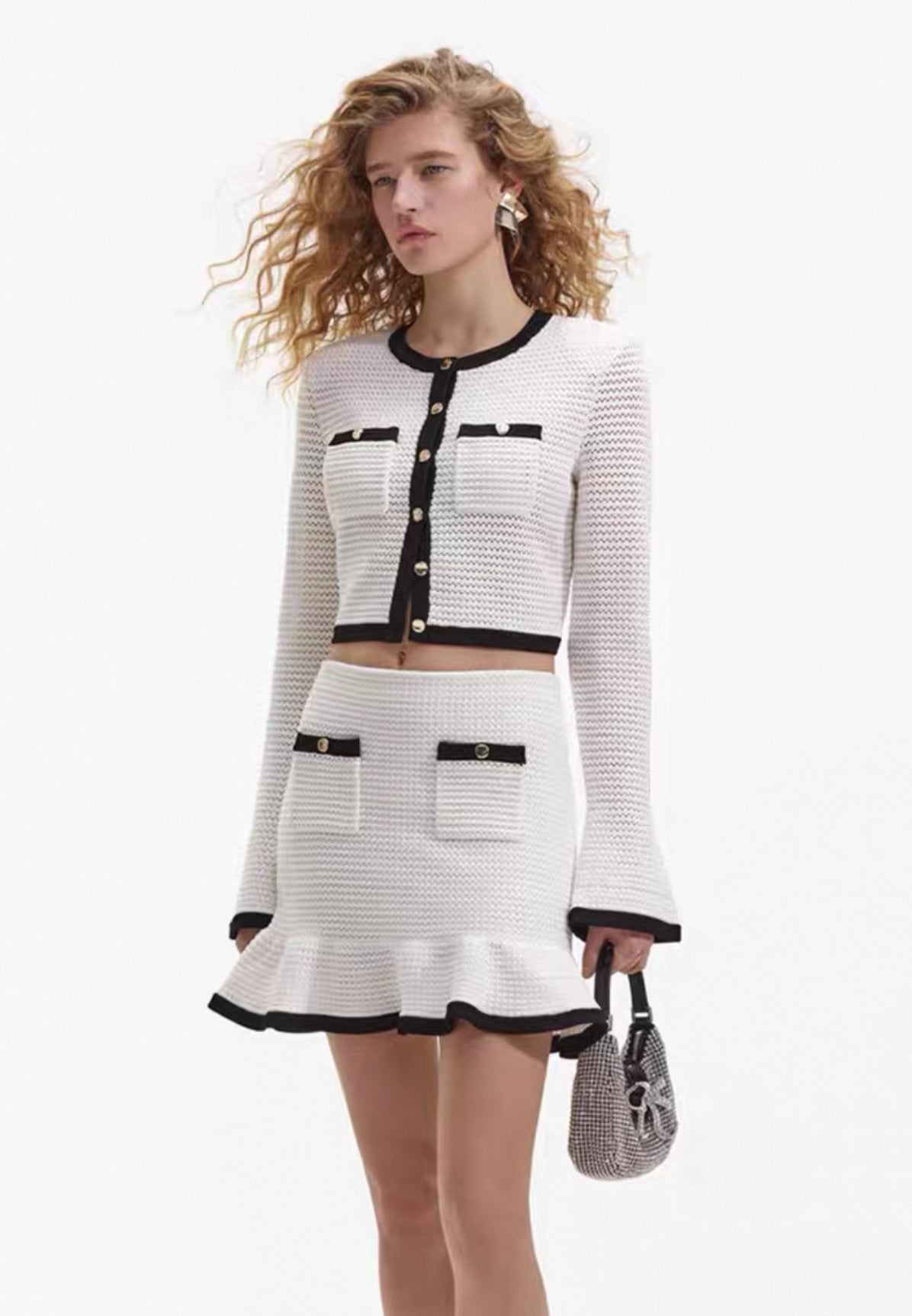 SP White Crochet Contrast Cardigan | Mini Skirt | Set