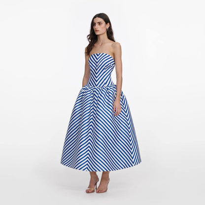 SP Navy Stripe Taffeta Midi Dress