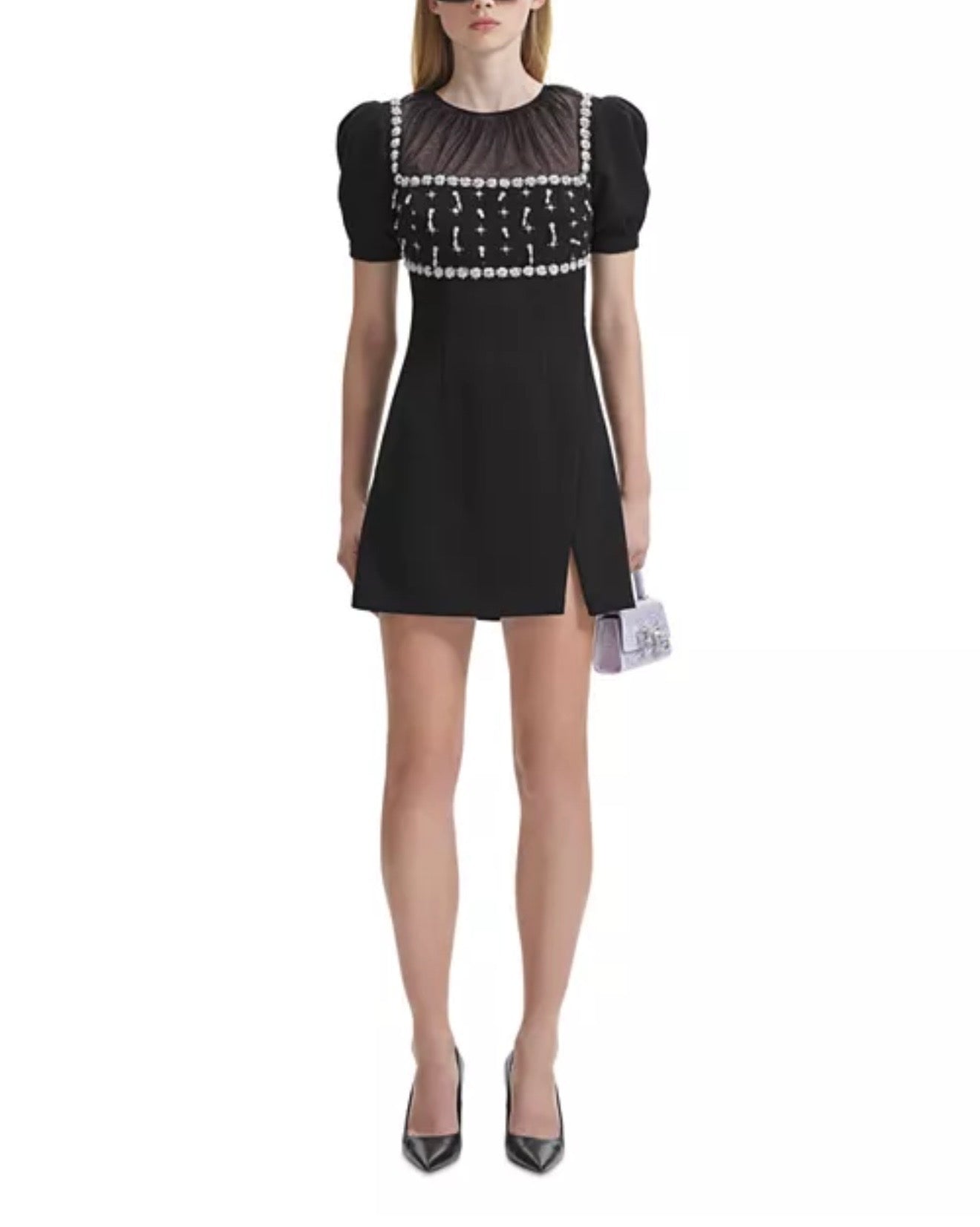 SALE! SP Blacked Tulle-panelled Crystal Embellished Crepe Puff Sleeve Mini Dress