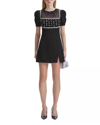 SALE! SP Blacked Tulle-panelled Crystal Embellished Crepe Puff Sleeve Mini Dress