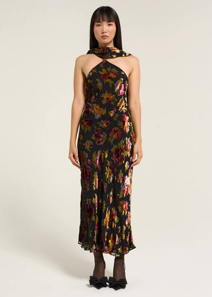 RX Harlan Velvet Devoré | Hayley Viscose-Silk Halter Midi Dress