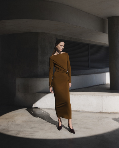 RM Khaki Jersey Twist Drape Metal Trim Stretch-Viscose Midi Dress