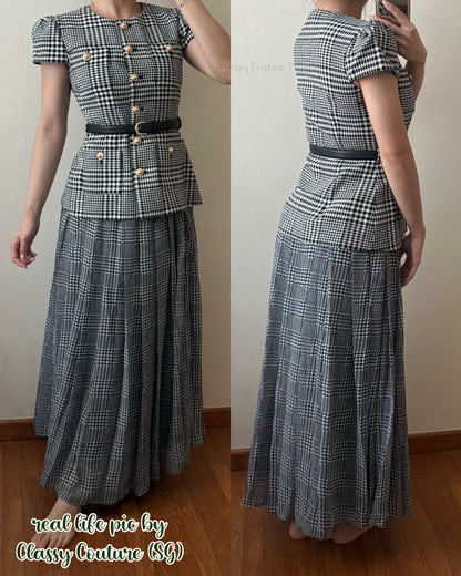 Grey Houndstooth Pleated Short Sleeve Tailored Midi Dress