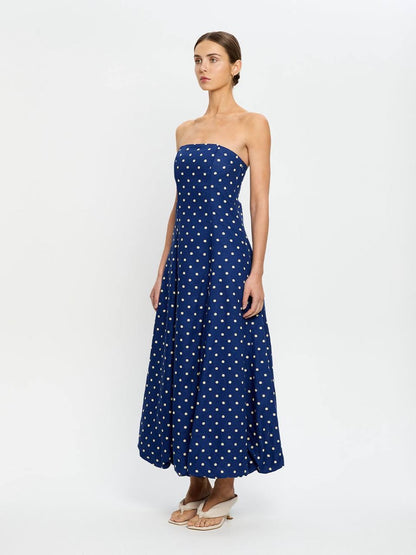 KV Lily One-Shoulder Toga Midi Dress | Strapless Bubble Cotton-Linen Polka Dot Maxi Dress