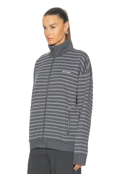 MM Grey White Striped Cotton Fleece Jacket