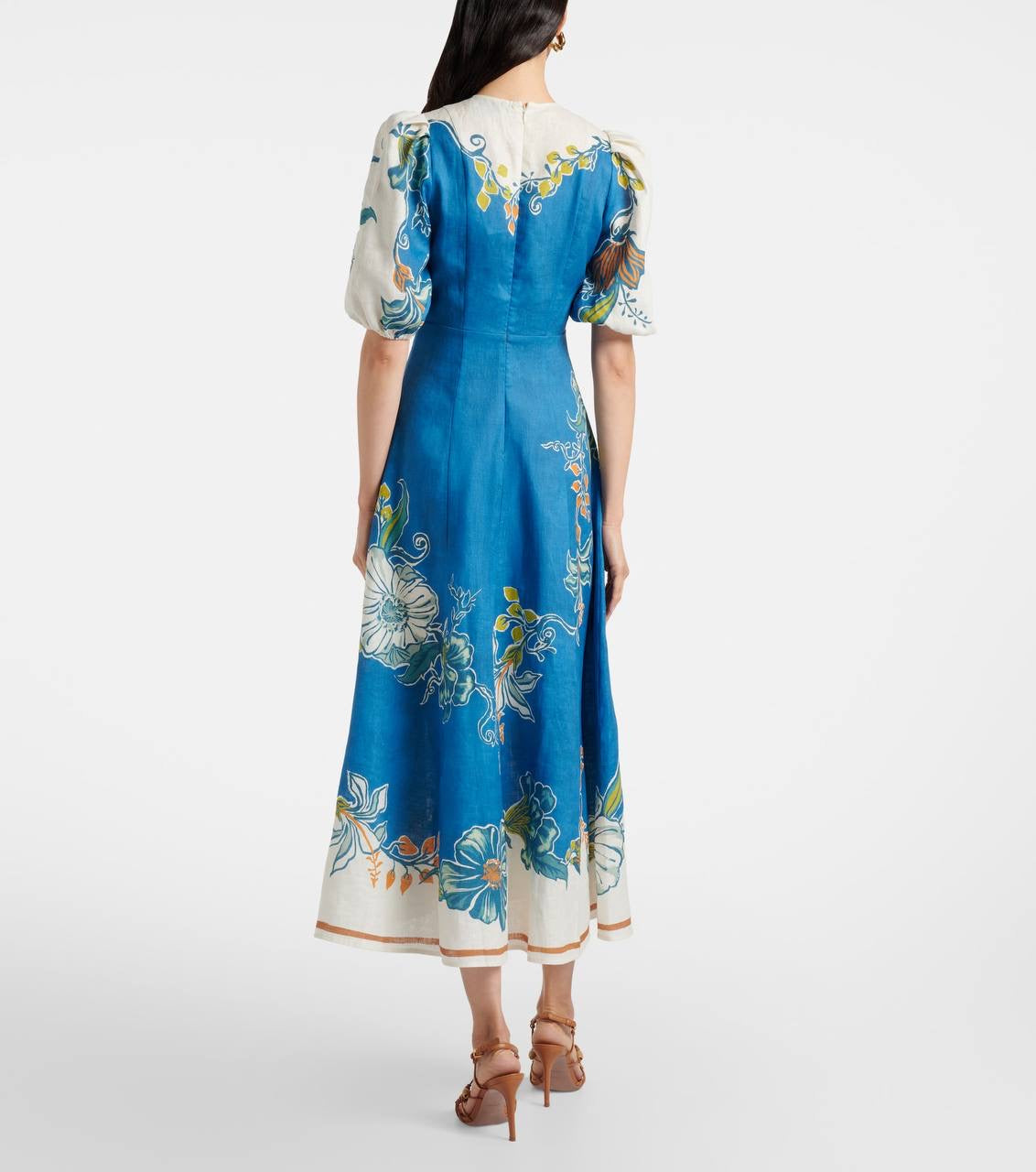 ALM Luda Floral Puff Sleeve Linen Midi Dress