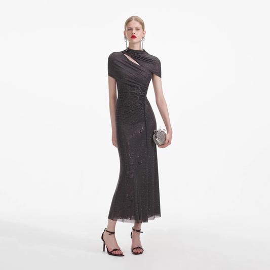 SP Burgundy | Slate Rhinestone Mesh Cut Out Midi Dress