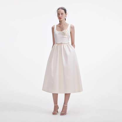 SP Cream 3D Flower Satin Midi Dress