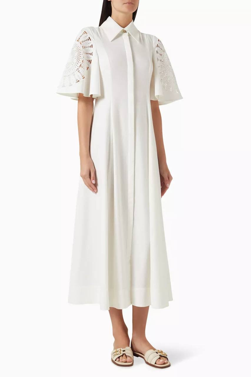 CLE Valentina Linen-cotton Lace-sleeve Midi Maxi Dress