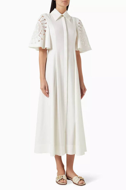 CLE Valentina Linen-cotton Lace-sleeve Midi Maxi Dress