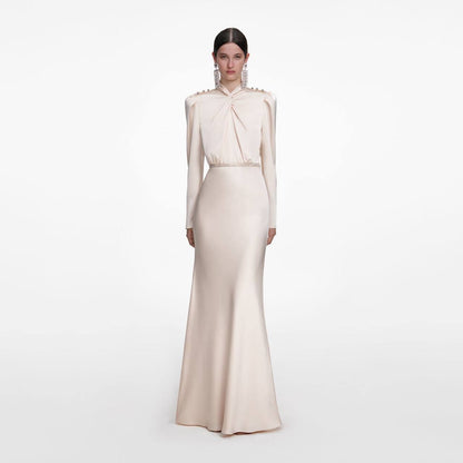 SP Champagne Satin Long Sleeve Maxi Dress