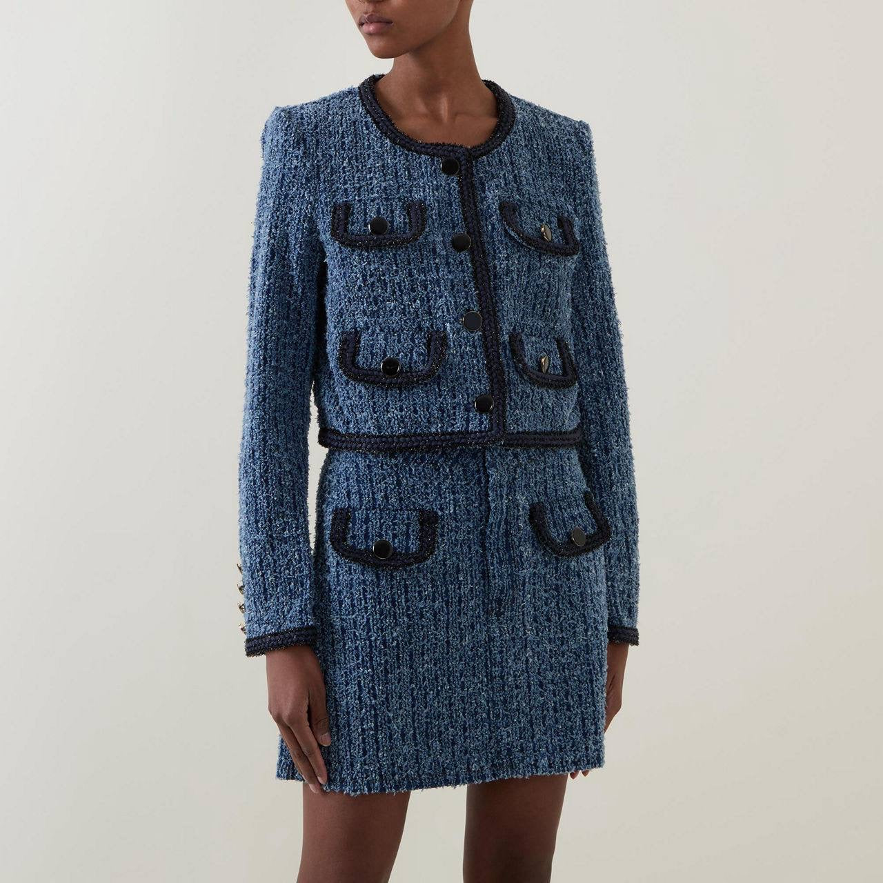 SP Textured Denim Jacket Mini Skirt