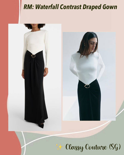 RM Waterfall Twist Drape Contrast Jersey Gown Maxi Dress in Black/white