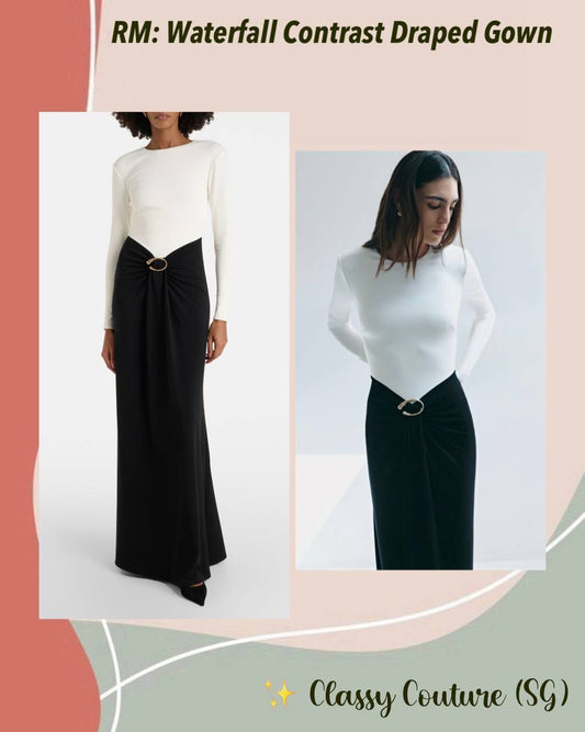 RM Waterfall Twist Drape Contrast Jersey Gown Maxi Dress in Black/white