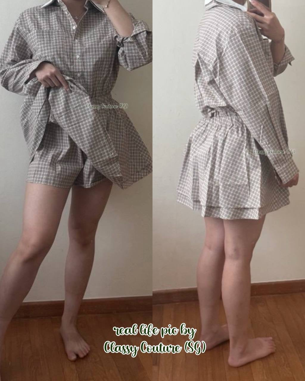 2 Colors! MJ Ritilona Rhinestone Checked Cotton Mini Dress Shirtdress Romper Playsuit (removable contrast collar)