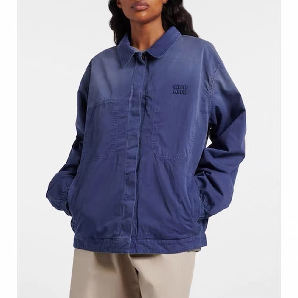 Women’s/Unisex Blue Washed Cotton Twill Blouson Jacket Overshirt