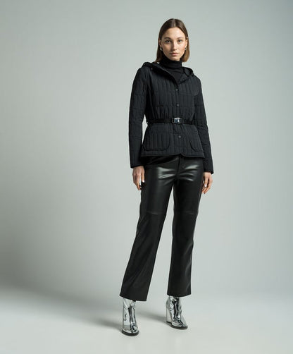 MK Raja Light Down Vertical Quilted Hooded Jacket with Belt