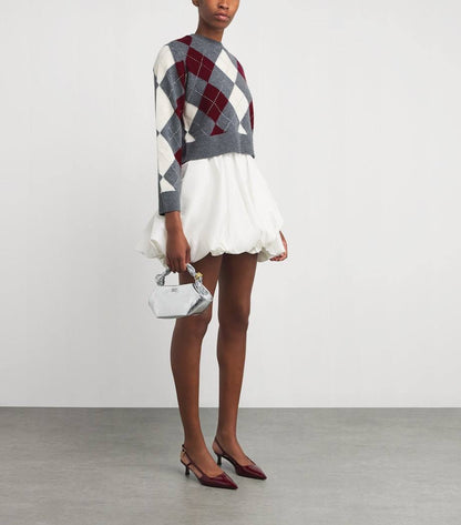 MJ Argyle Cropped Rhinestone Embellished Wool Jumper
