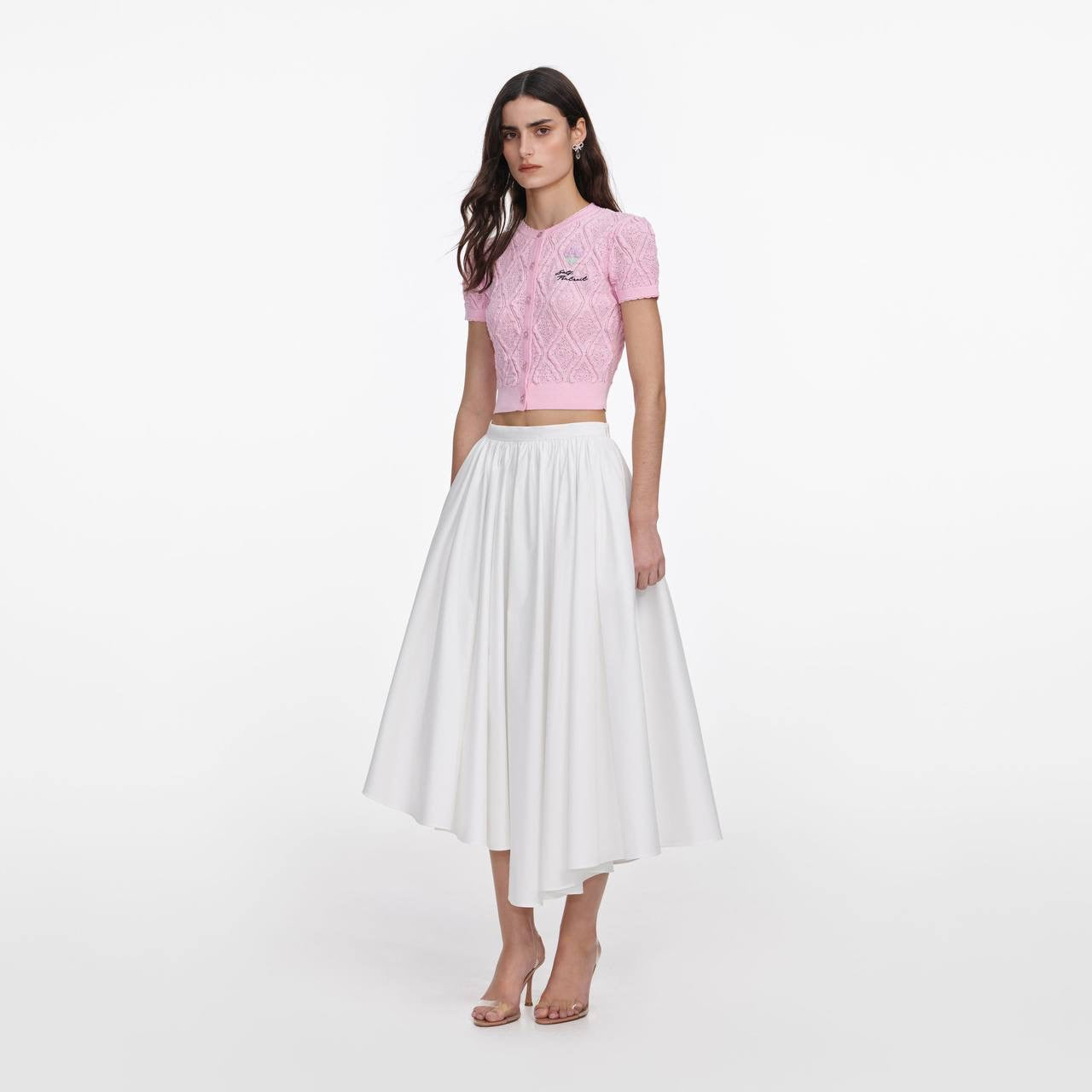 SP White Pointelle Short-Sleeve Sweater Top | Midi Skirt | Set