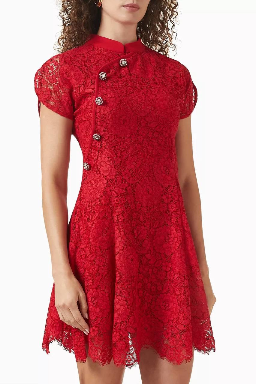 SP Red Lace Cap-Sleeve Cotton-Blend Cheongsam Qipao Mini Dress