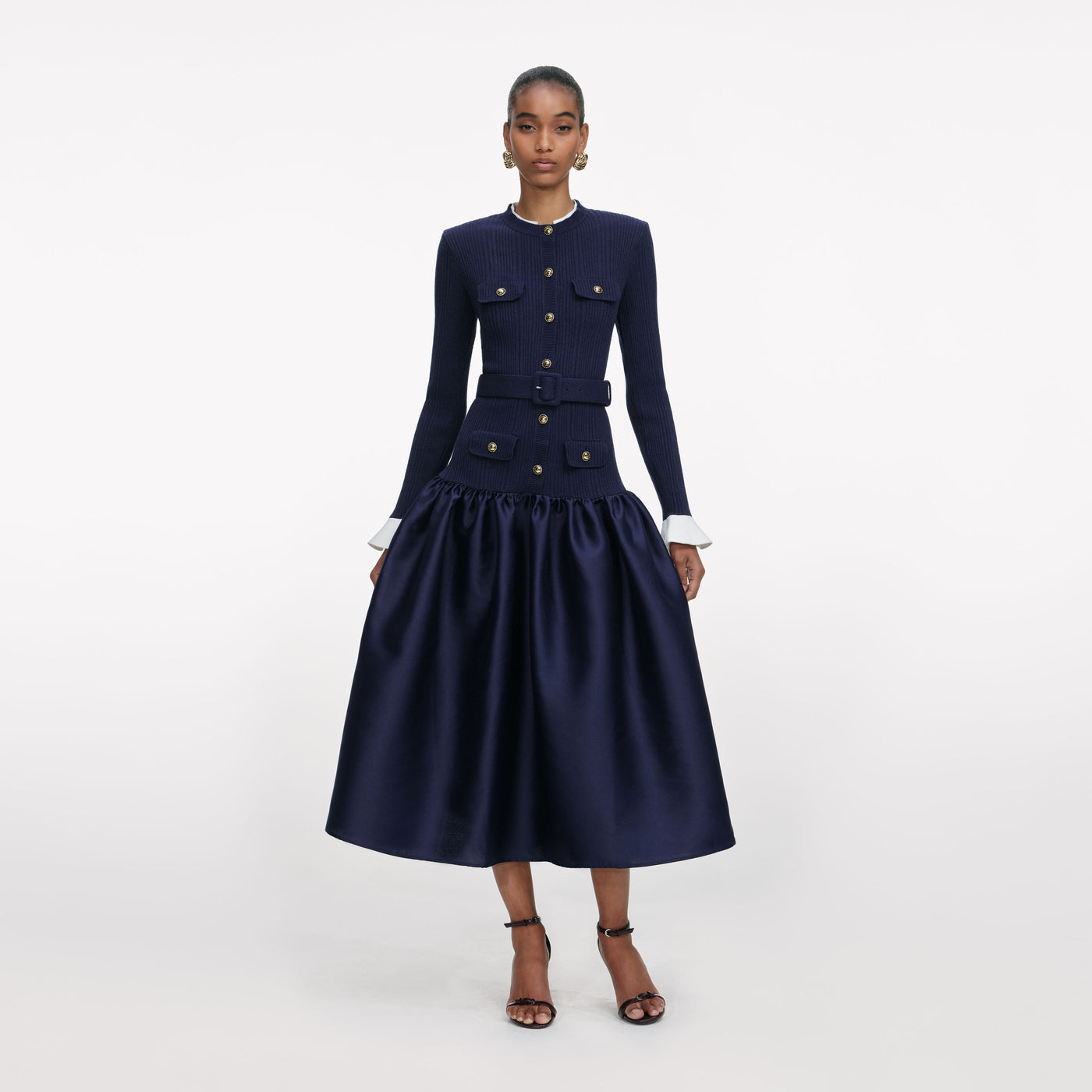 SP Navy Knit Belted Taffeta Midi Dress