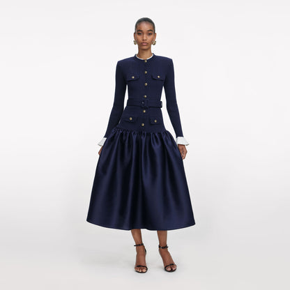 SP Navy Knit Belted Taffeta Midi Dress