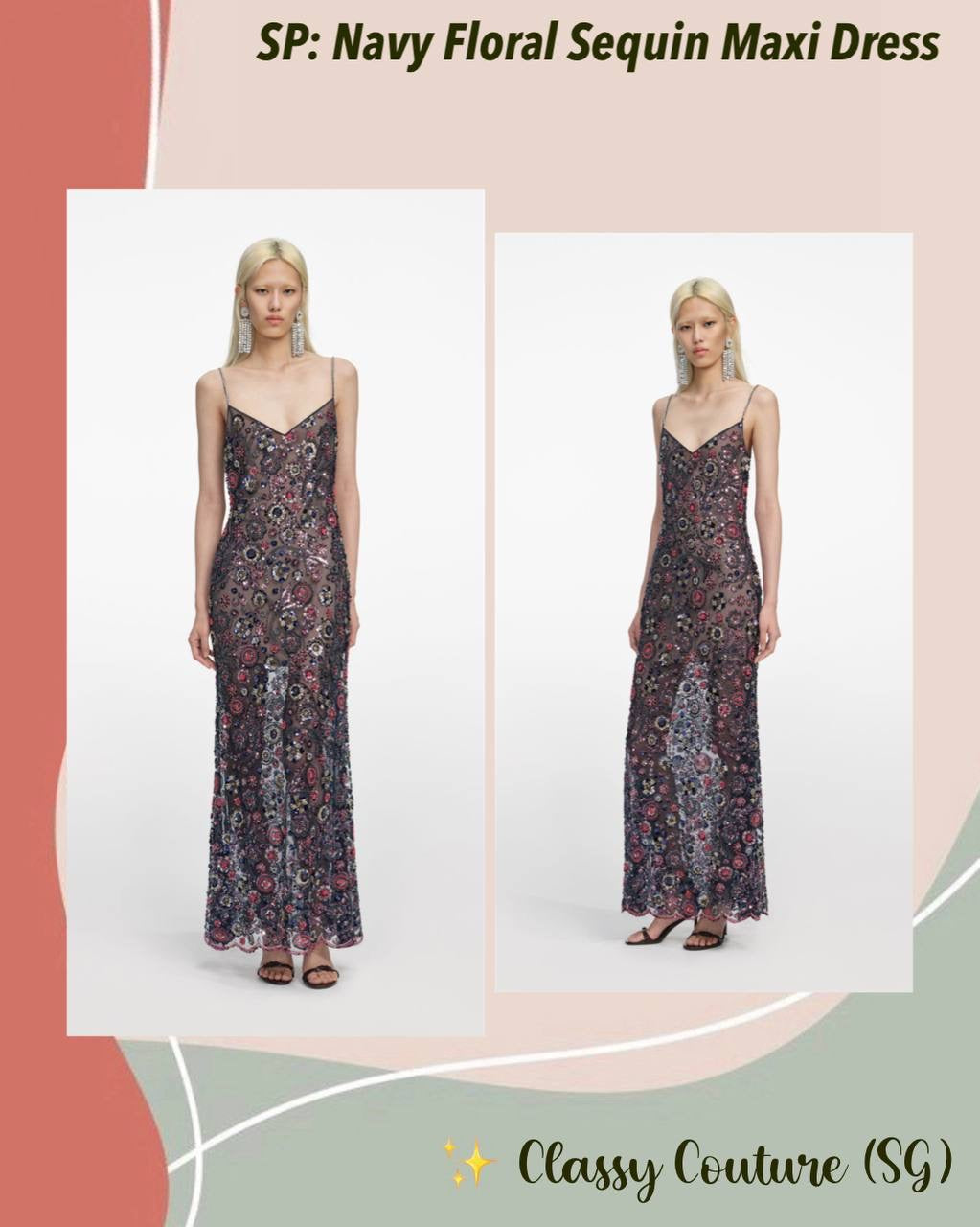 SP Navy Floral Sequin Strappy Maxi Dress