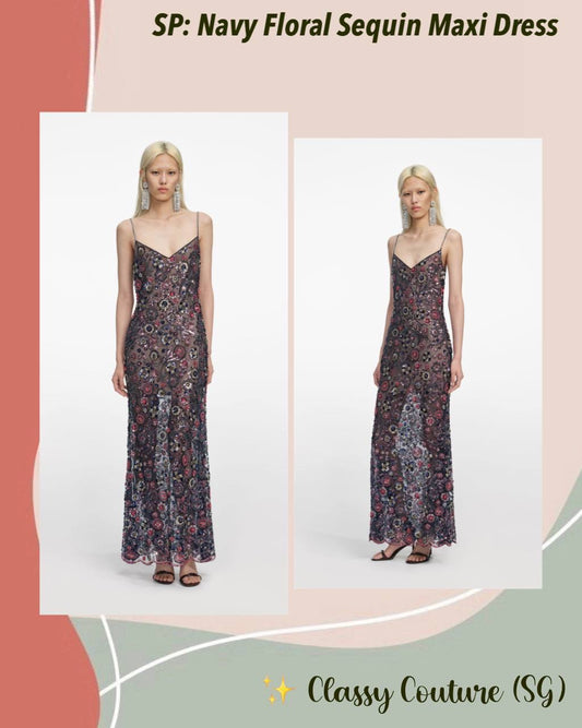 SP Navy Floral Sequin Strappy Maxi Dress