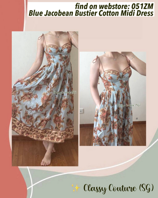 051ZM Blue Jacobean Bustier Cotton Midi Dress