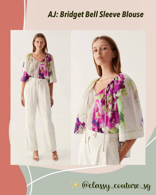 AJ Bridget Bell Sleeve Blouse in Wild Hydrangea Linen-Blend