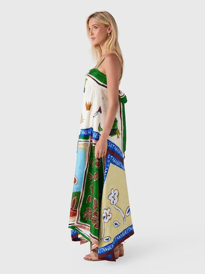 ALM021 Green Eclectic Patchwork Handkerchief Silk Maxi Dress Sundress