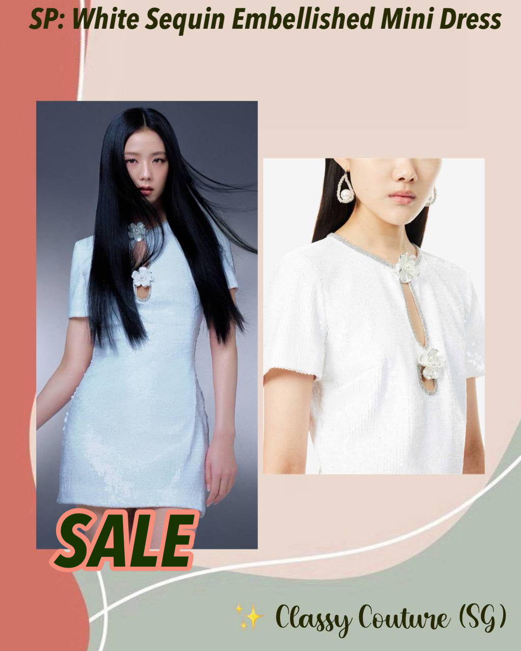 SALE! SP Jisoo White Sequin Embellished Floral Broach Keyhole Mini Dress