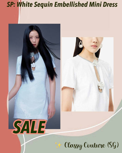 SALE! SP Jisoo White Sequin Embellished Floral Broach Keyhole Mini Dress