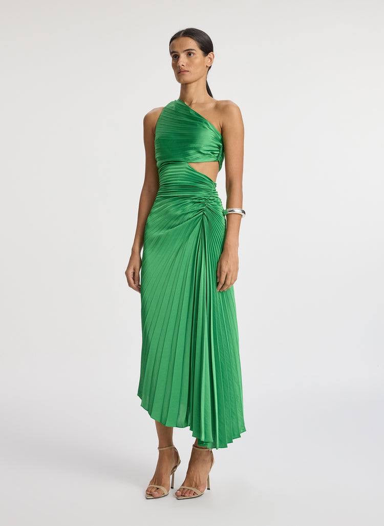 ALC Dahlia Satin Pleated One Shoulder Midi Dress with Cut Out