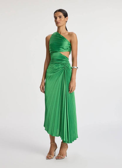 ALC Dahlia Satin Pleated One Shoulder Midi Dress with Cut Out