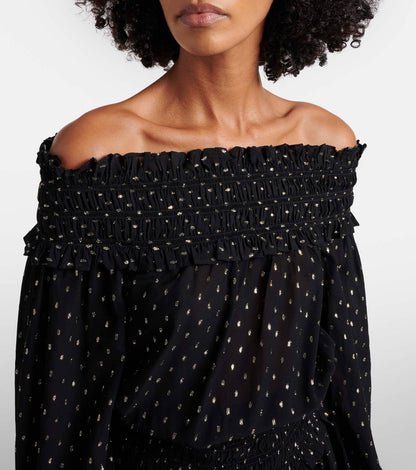 SP Black And Gold Chiffon Off Shoulder Top | Tiered Maxi Skirt | Set