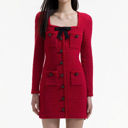 SP Red Knit Bow Round Neck Mini Dress