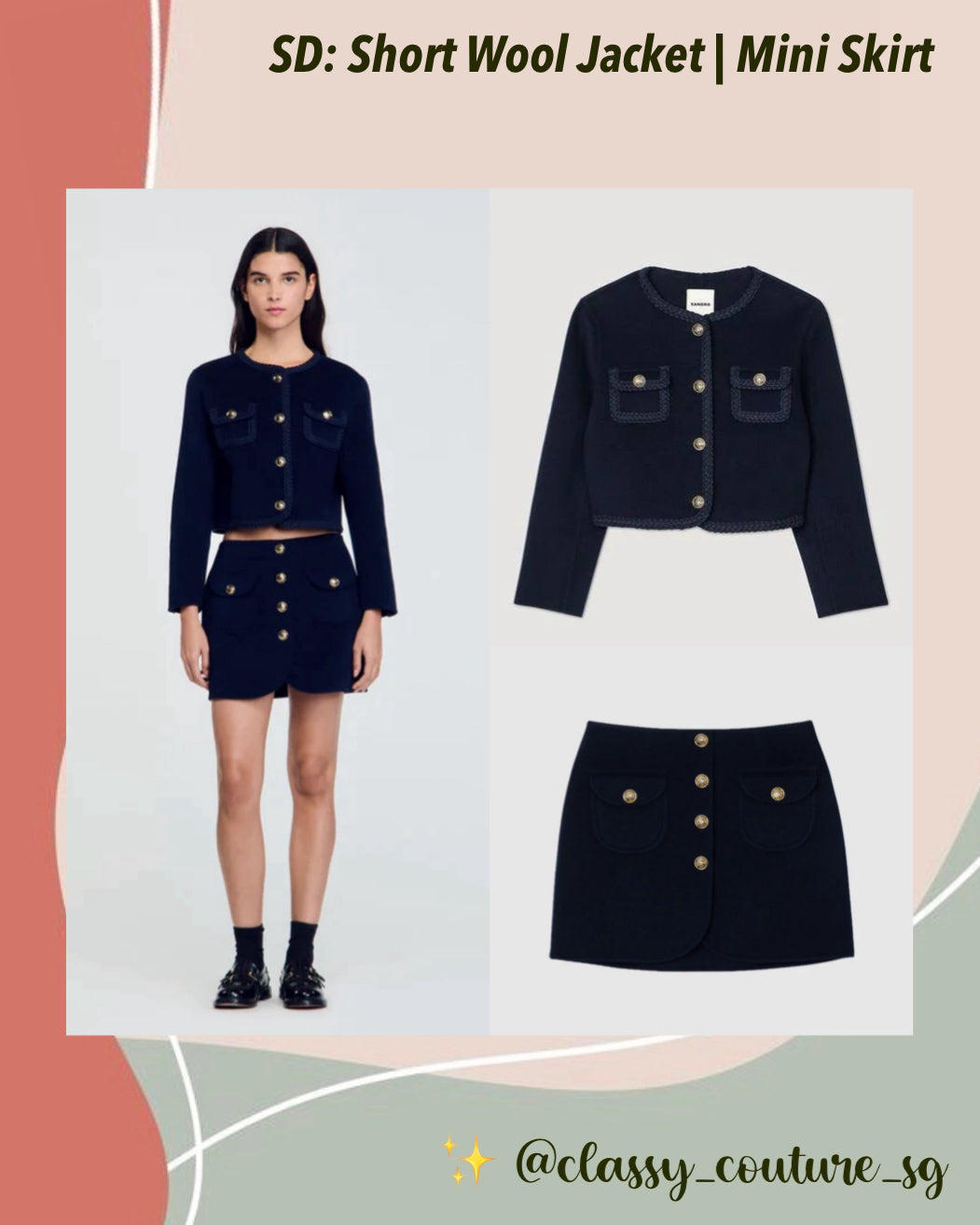 SD Short Wool Jacket | Mini Skirt | Set in Navy Blue