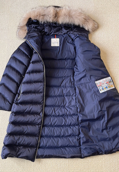 MC Leersie Hooded Shearling-Trimmed Long Down Jacket Coat in Navy Blue