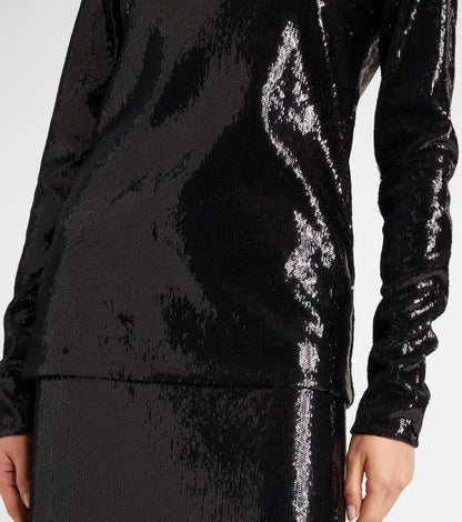 TOT Sequin Curved Sequin Tank | Long Sleeve Shirt | Low-waist Column Midi Skirt | Set