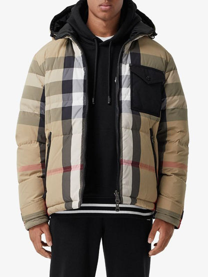 BBR Men’s / Unisex Reversible Check Nylon Puffer Hooded Jacket (Down feather-filled)