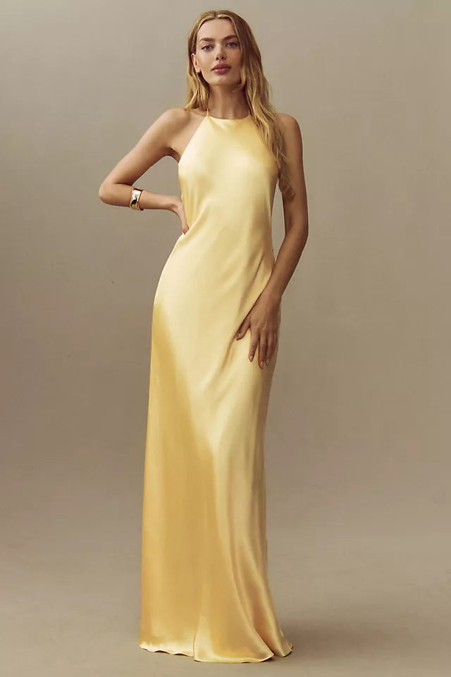 Yellow Jeany Silk Halter Maxi Dress Gown