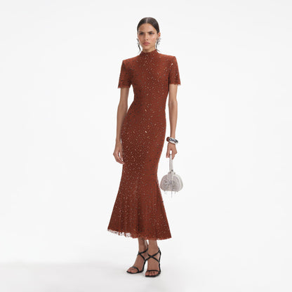 SP Brown Square Rhinestone Mesh Midi Dress