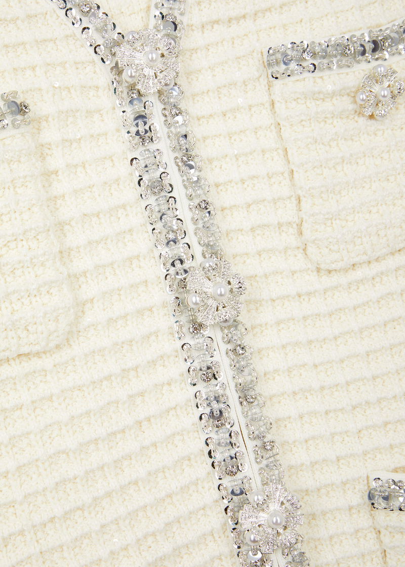 SP Ivory Crystal-Embellished Waffle-Knit Cardigan