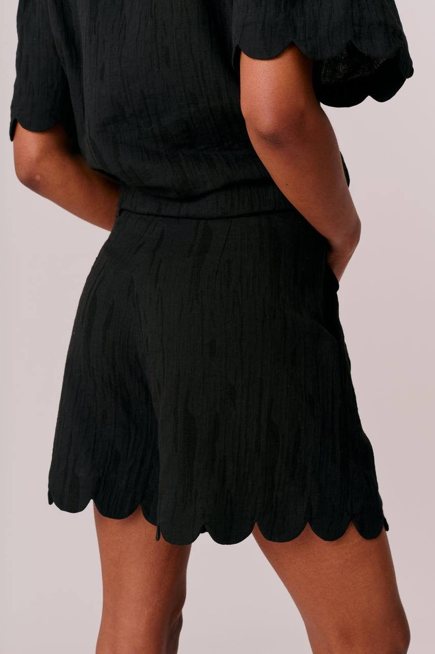 HFM Marabelle Shirt | Petra Shorts | Yara Cami Strap Top | Cotton-Linen Black Scallop-detail Set