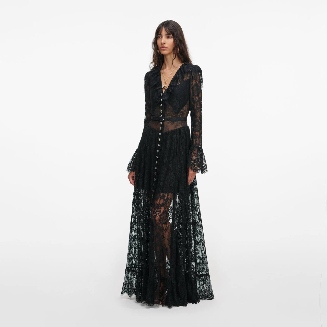 SP Black Lace Ruffle Sheer Maxi Dress