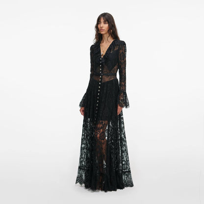 SP Black Lace Ruffle Sheer Maxi Dress