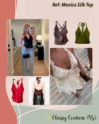 6 Colors! Ref Monica Silk Halter Lace Trim Top