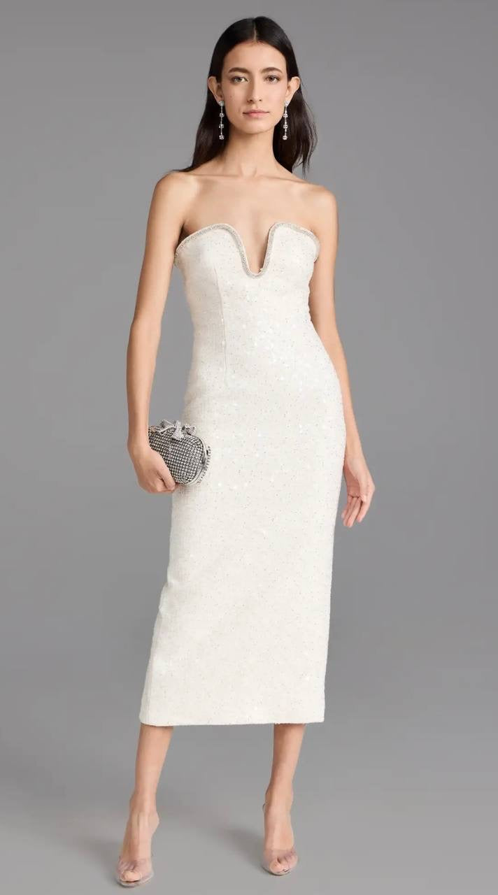 SP Cream Sequin Boucle Strapless Midi Dress